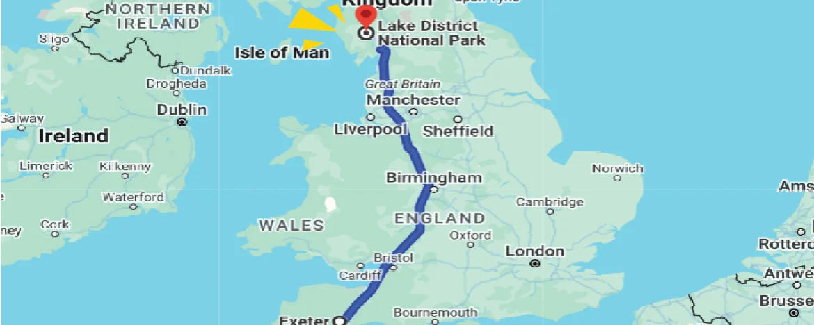 Exeter to Lake District map