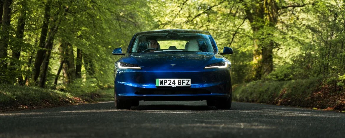 Tesla model 3 in forest scene