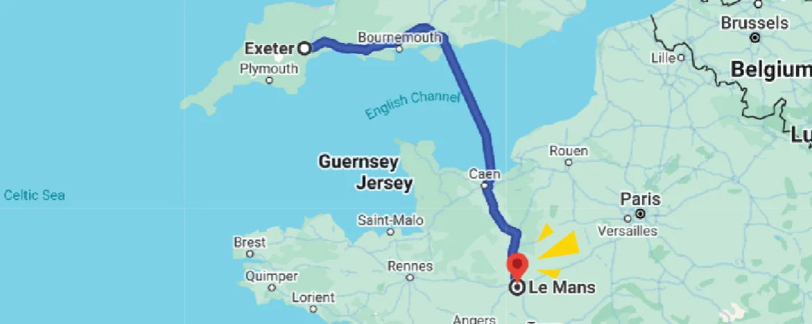 Exeter to Le Mans map