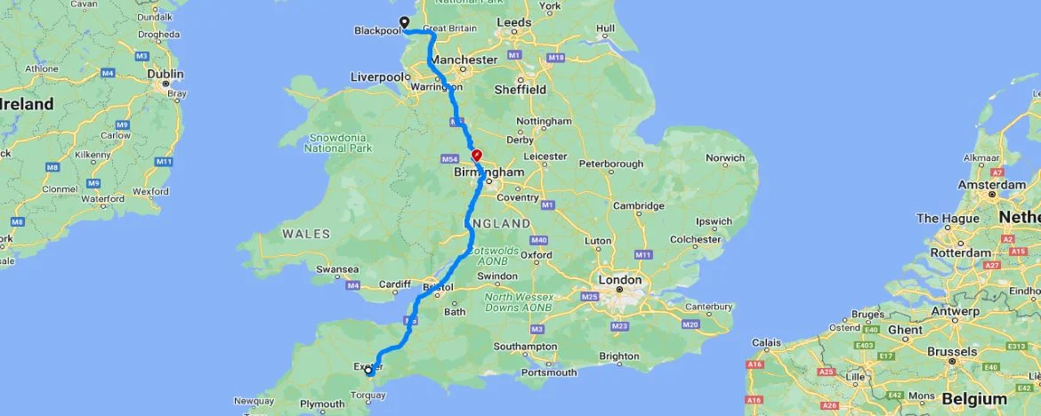 Exeter to Blackpool map