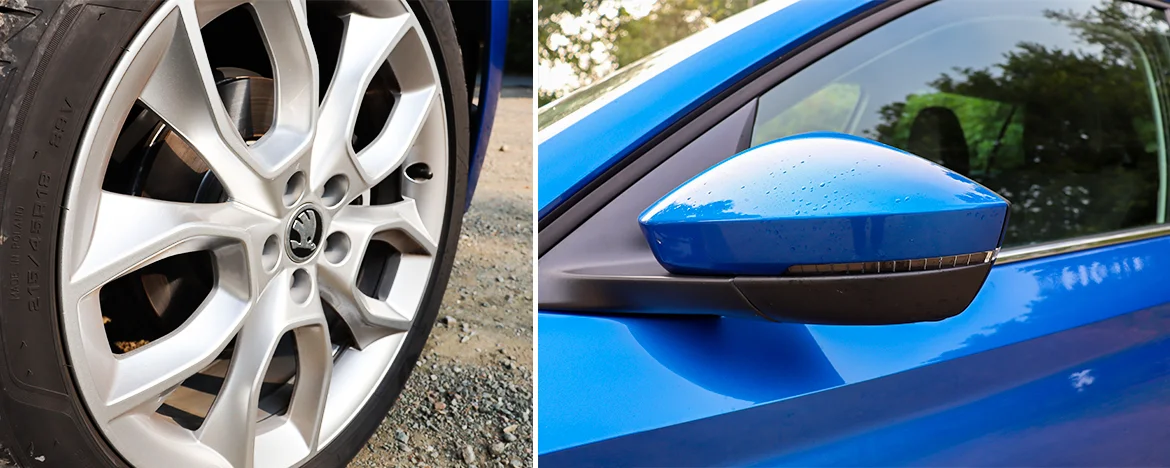 Folding door mirrors and close up of wheels