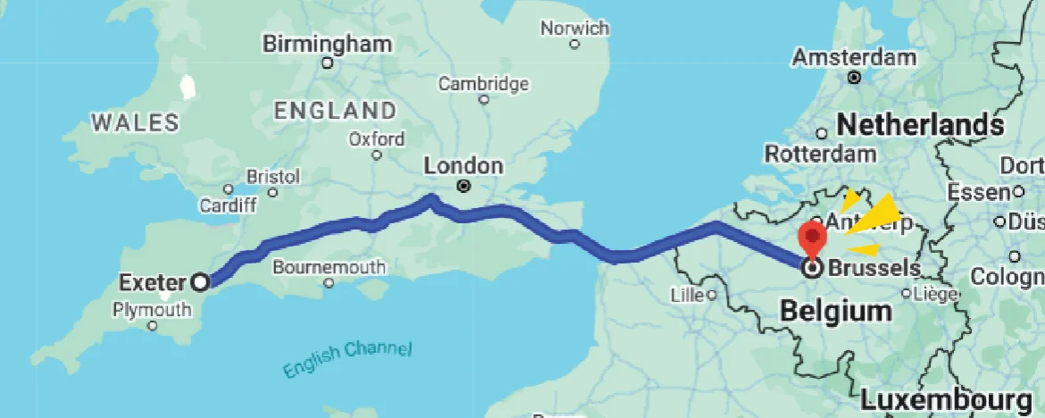 Exeter to Brussels map