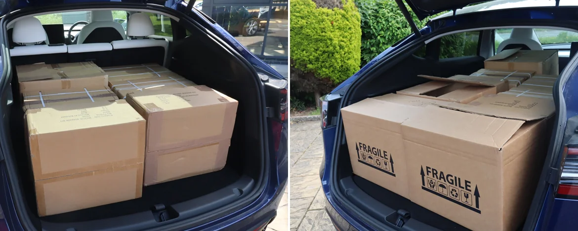 Tesla Model Y with moving boxes in boot