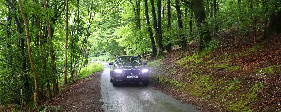 BMW X3 driving through woods