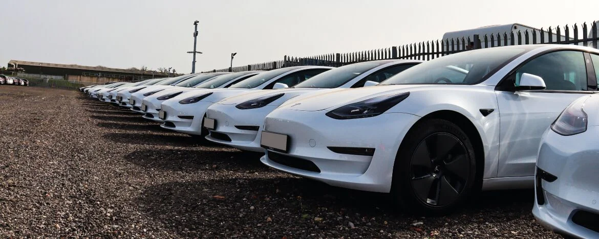 Parked row of Tesla cars