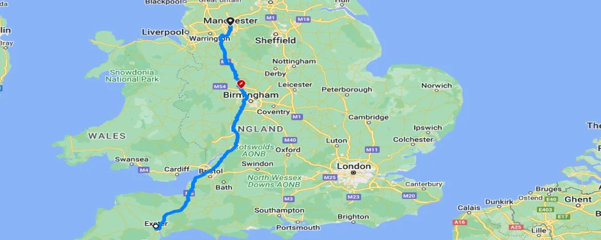 Exeter to Manchester map