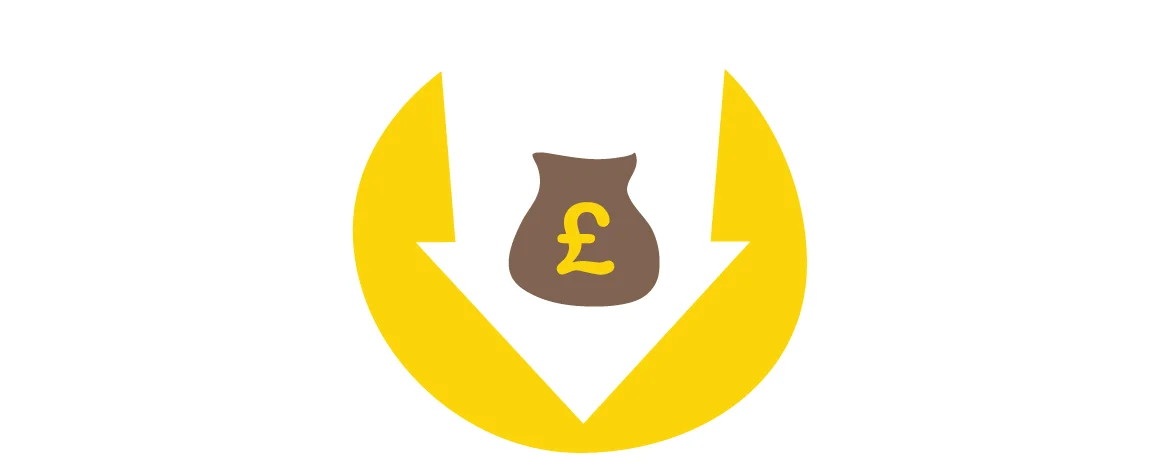 Graphic of a downward arrow and a sack of money