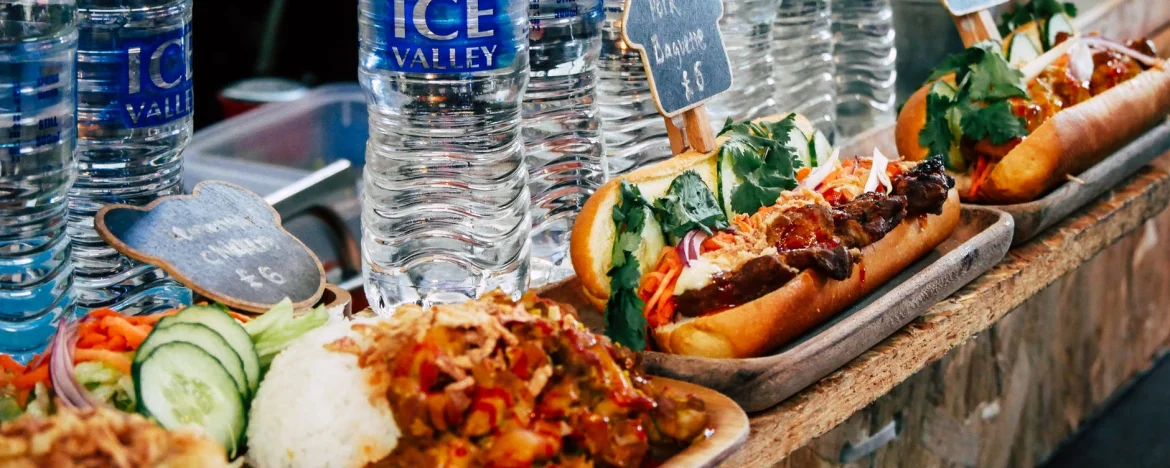 Street food and bottles of water from a food vendor