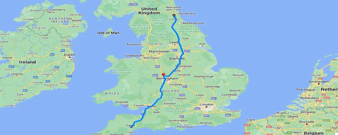 Exeter to Durham map