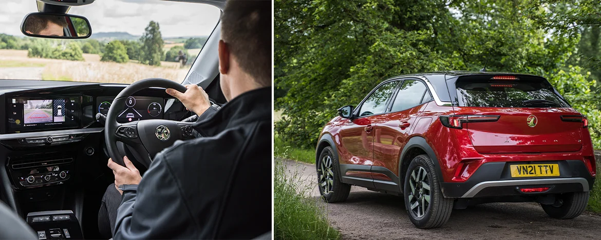 Man driving Vauxhall Mokka-e over bridge