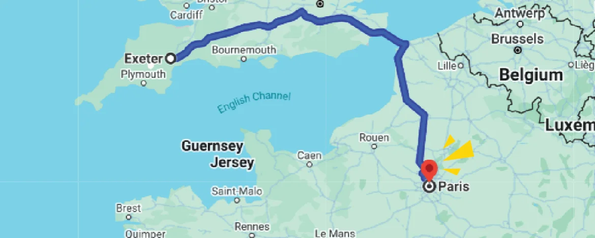 Exeter to Paris map