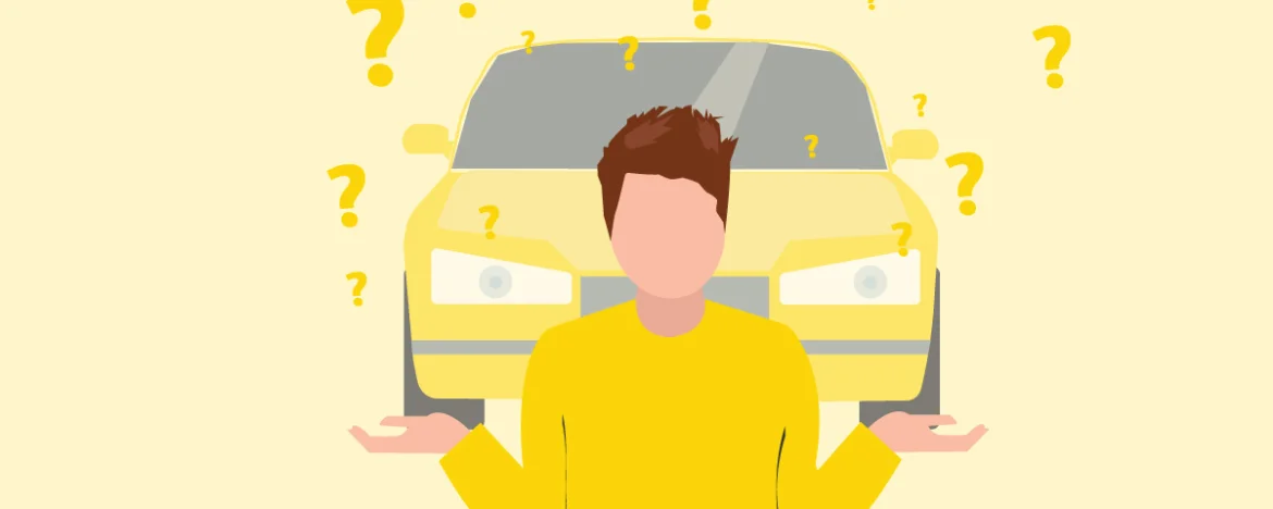 Graphic of person shrugging with lots of question marks around a car