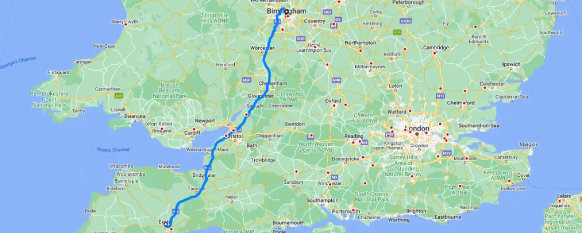 Exeter to Birmingham map