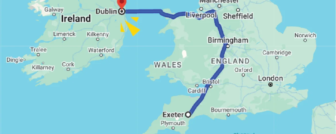 Exeter to Dublin map