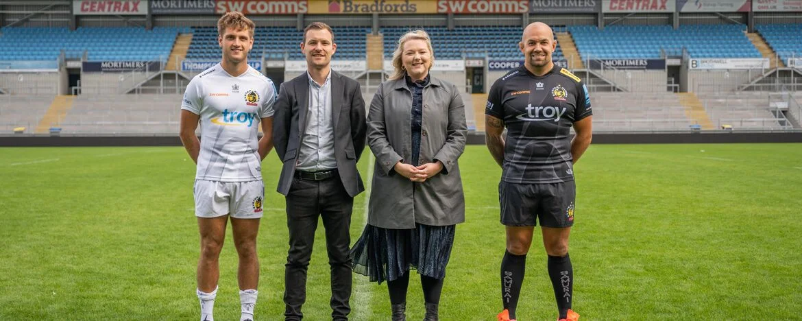 Exeter Chiefs branded home and away kit.