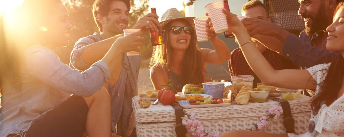 Friends at a picnic, campervan in background