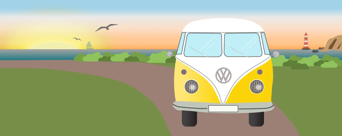 camper van driving next to beach graphic