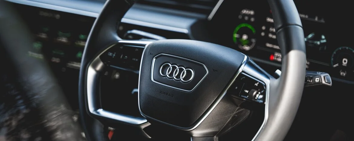 Audi badge on e-tron steering wheel