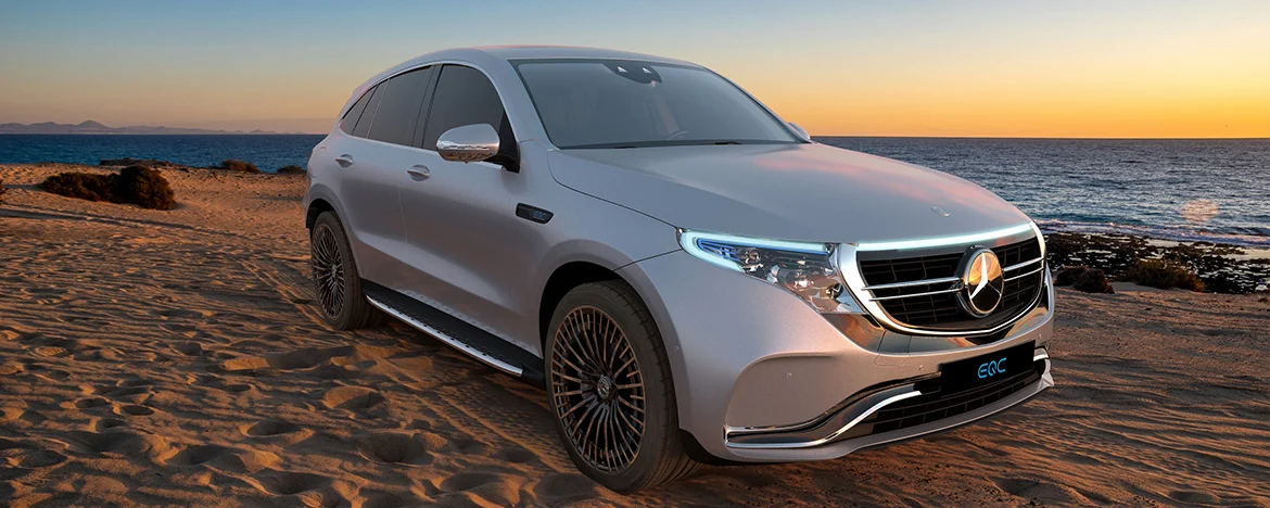 Mercedes EQC Crossover on the beach at sunset