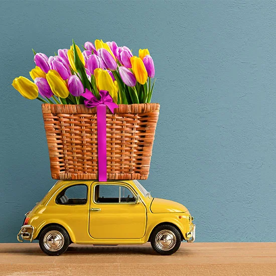 Yellow retro toy car with tulips on top