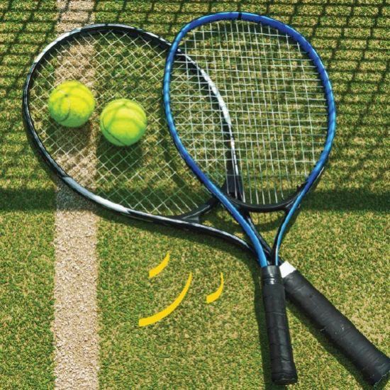 Tennis racquets and balls in shadow of net
